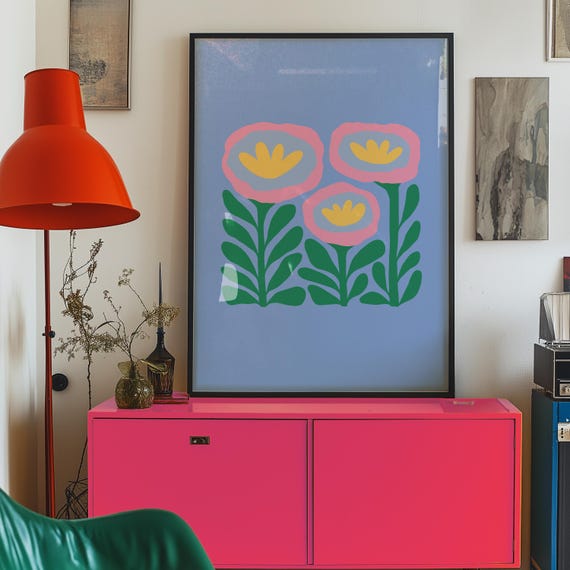 Abstract Flower Poster Retro Flowers Print Colourful Wall Art Matisse Blue And Pink Boho