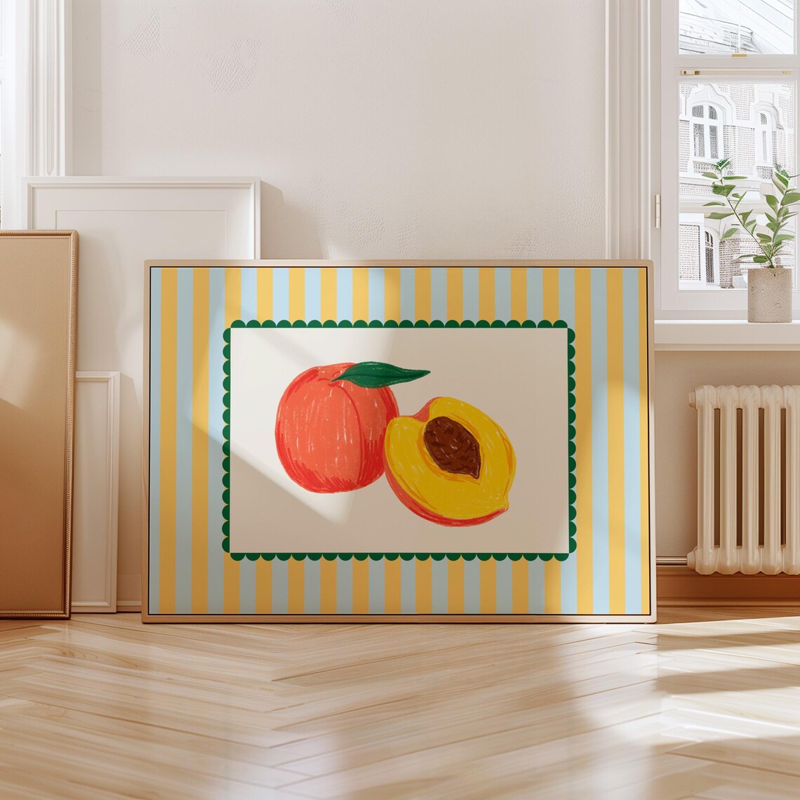 Peach Print Cute Kitchen Wall Art Minimalist Fruit Print Just Peachy Print Aesthetic Kitchen Decor Stripe Art Print - Image 2