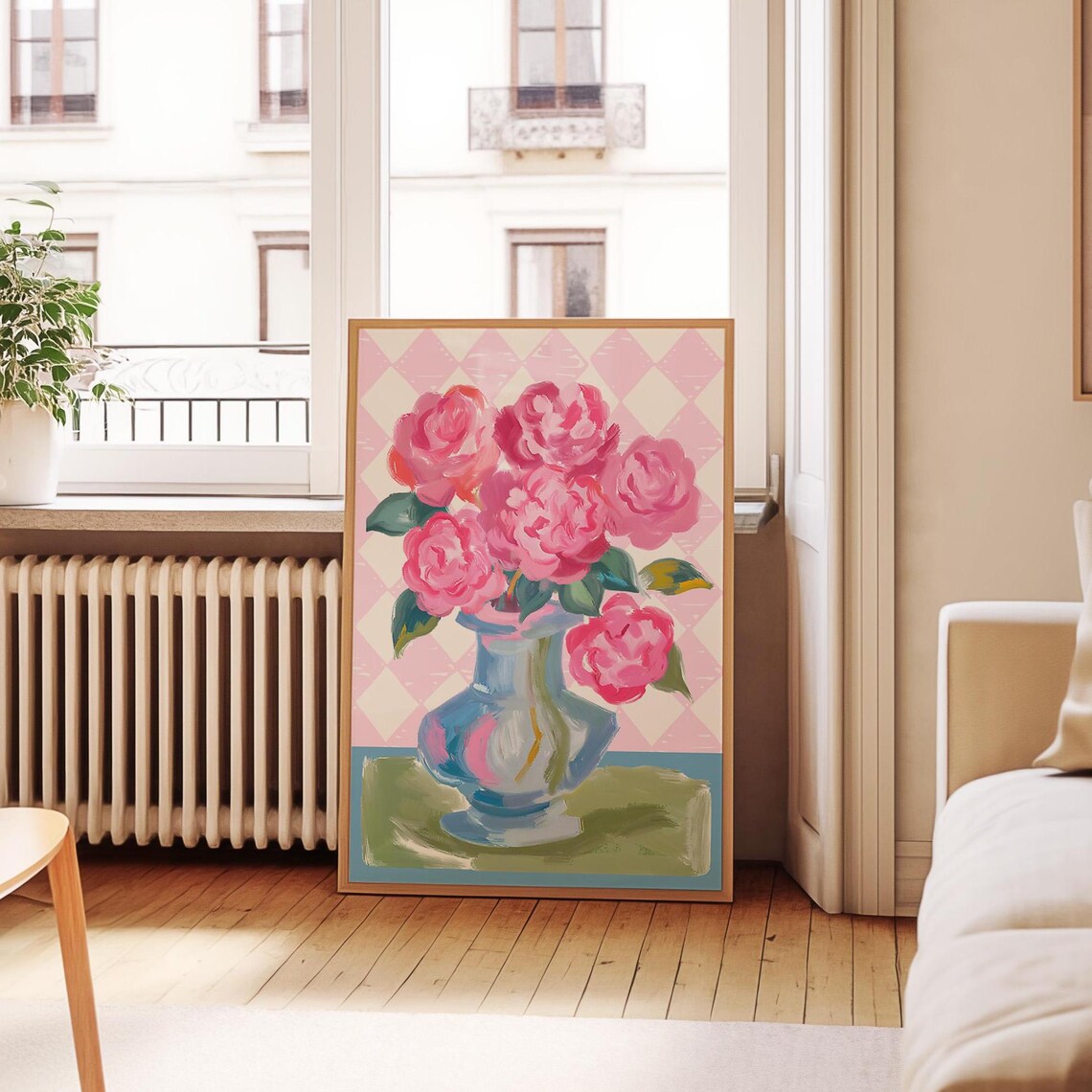 Pink Peony Bouquet Poster Blue Vase Pink Diamond Check Floral