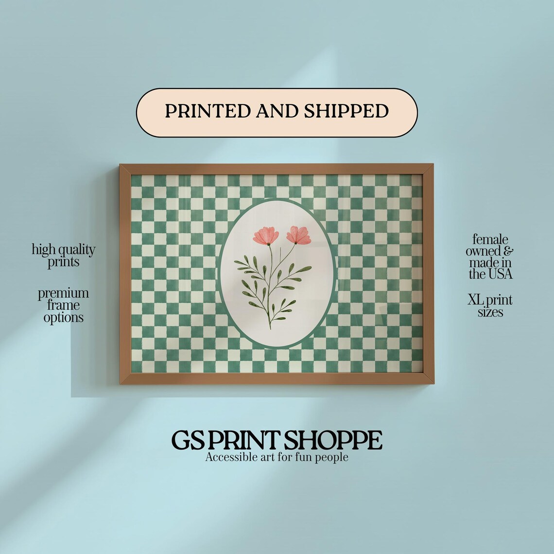 Coral Carnation Checker Horizontal Art Print