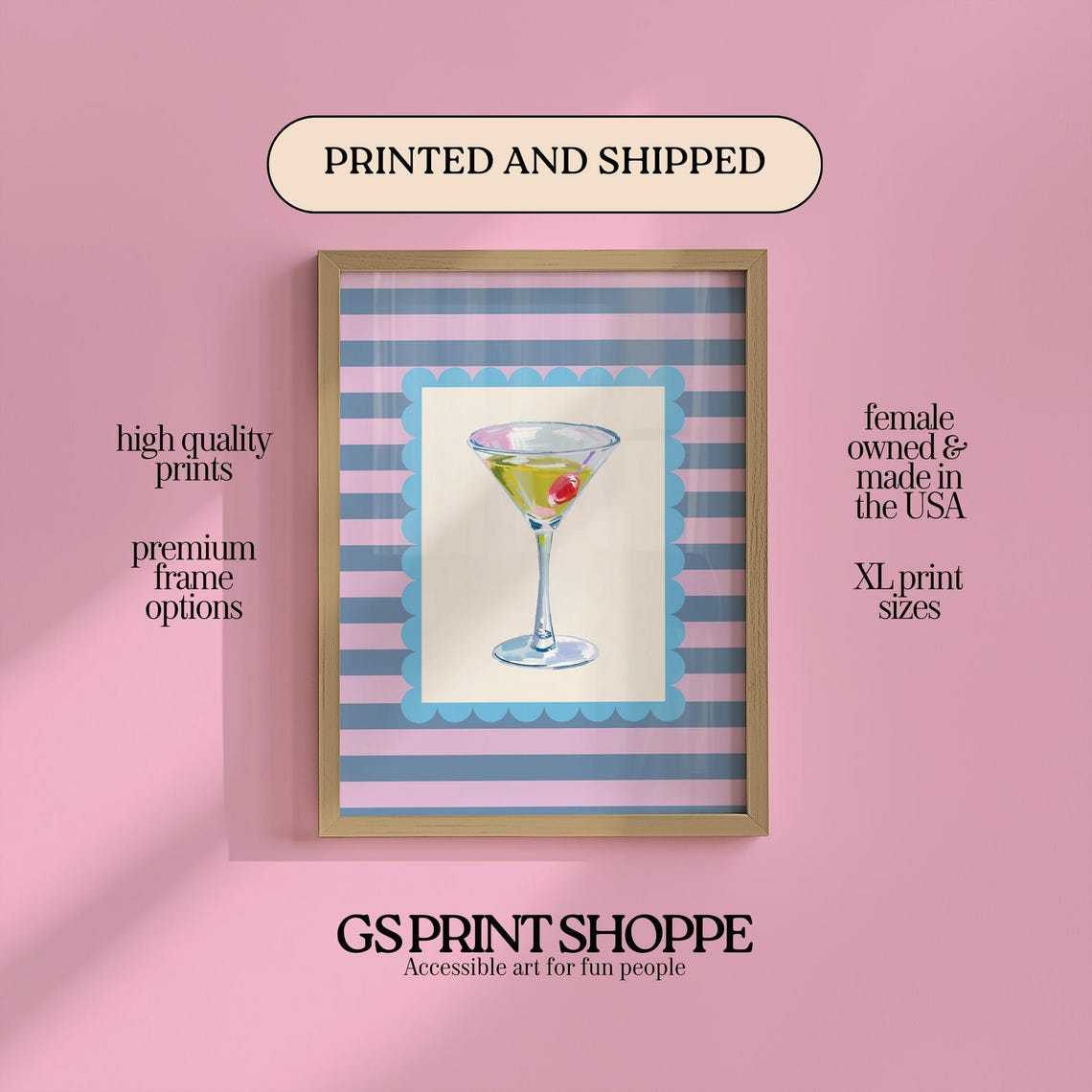 Martini Glass Cherry Scalloped Frame Striped Blue Bar Wall Art
