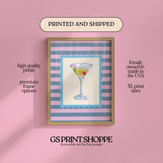 Martini Glass Cherry Scalloped Frame Striped Blue Bar Wall Art