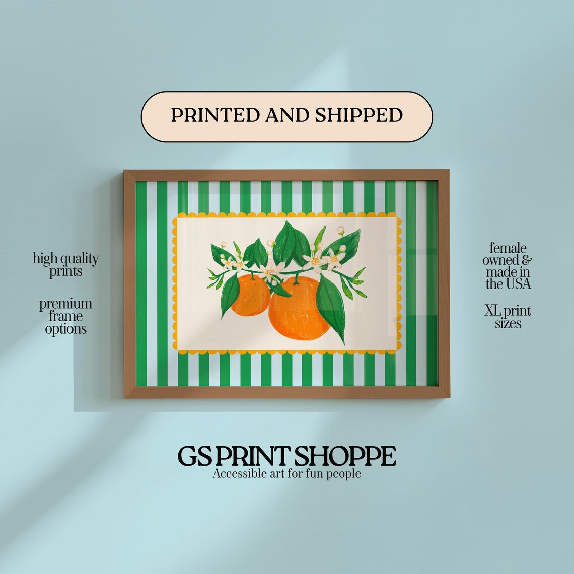 Orange Citrus Blossom Bunch Green Striped Vintage Fruit Kitchen Art Print
