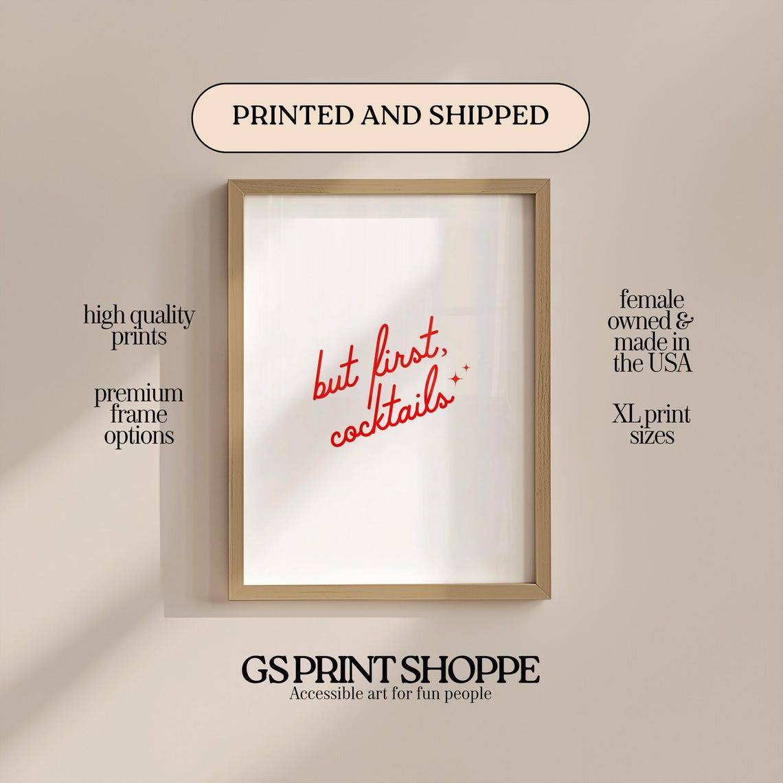 Funny But First Cocktails Red Script Bar Cart Kitchen Poster