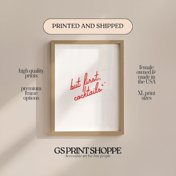Funny But First Cocktails Red Script Bar Cart Kitchen Poster