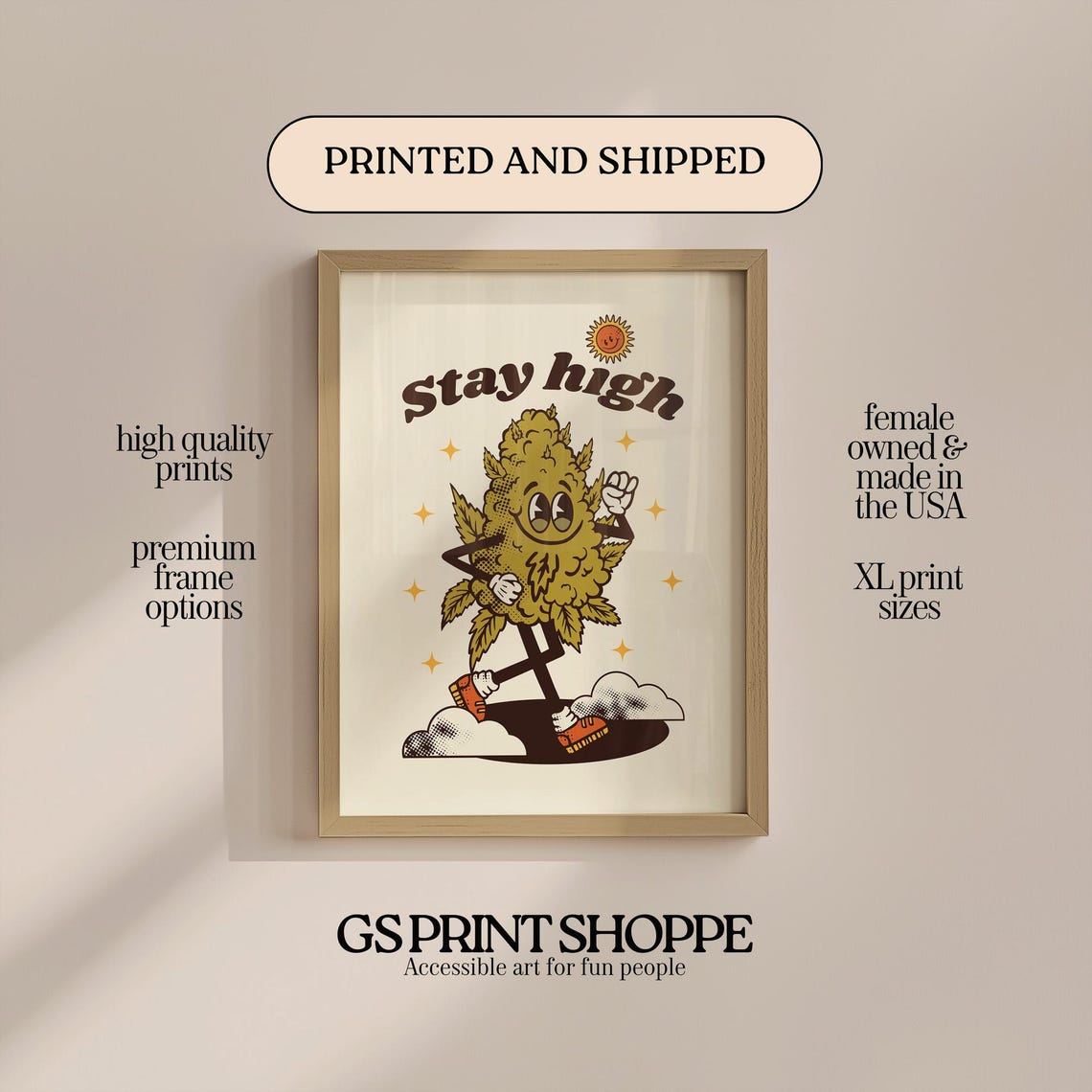 Stay High Retro Cartoon Weed Character Funny Cannabis Poster