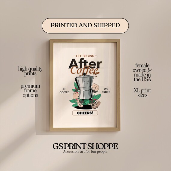 Life Begins After Coffee Moka Pot Cartoon Funny Kitchen Poster