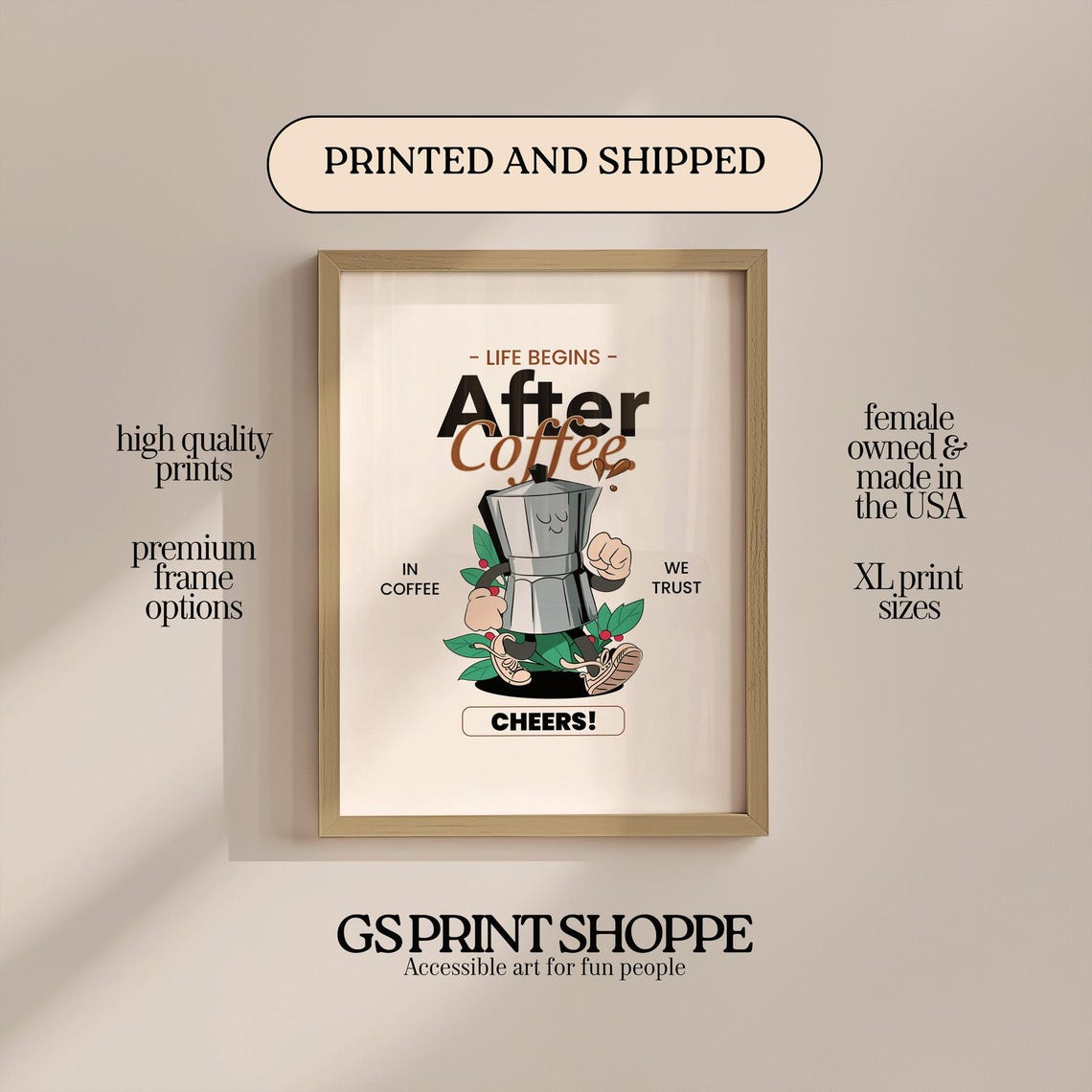 Life Begins After Coffee Moka Pot Cartoon Funny Kitchen Poster