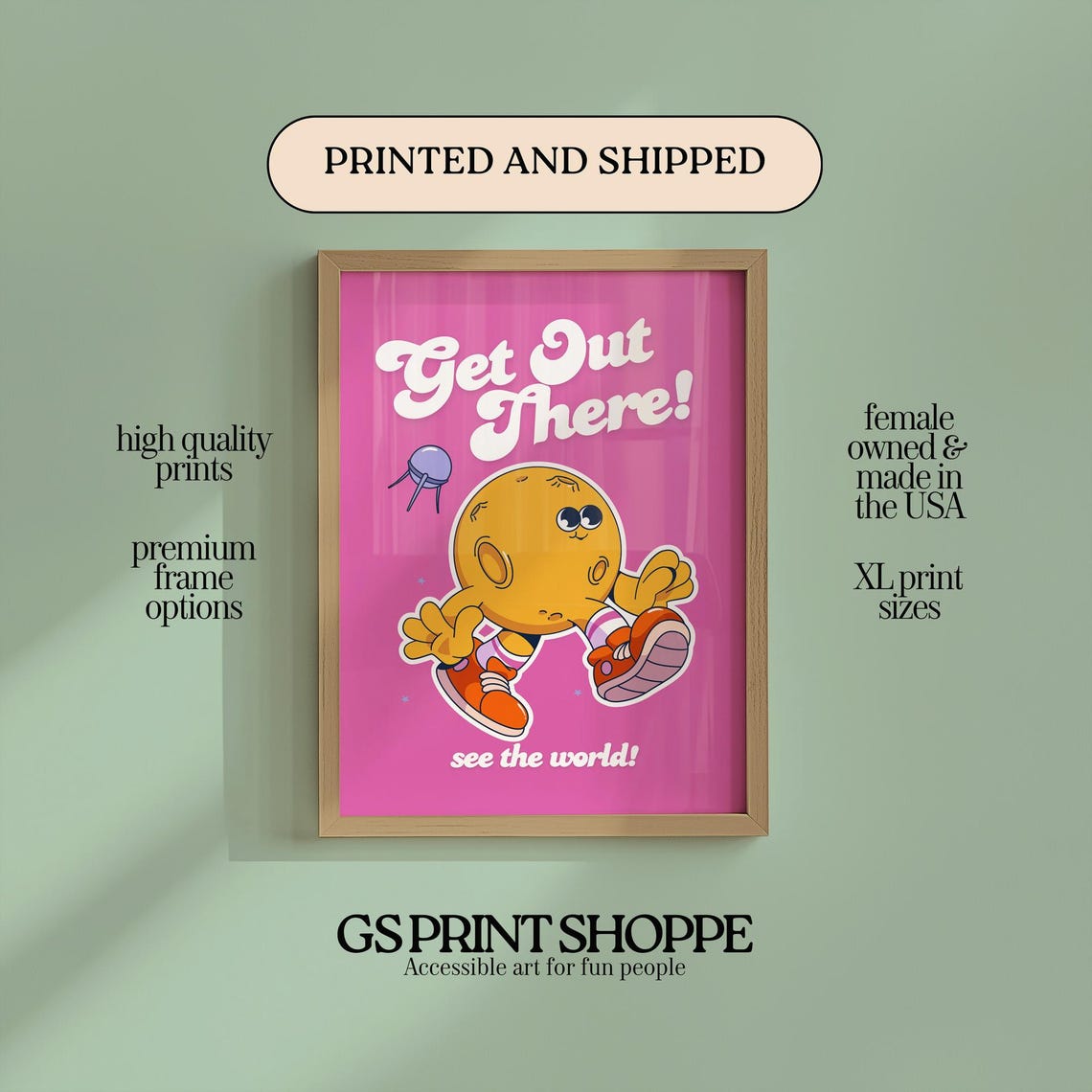 Get Out There See the World Pink Sun Retro Adventure Quote Poster
