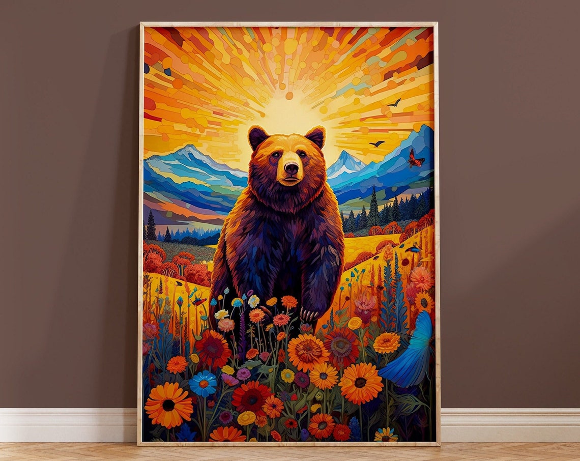 Grizzly Bear Wildflower Meadow Sunset Mountain Nature Art Poster