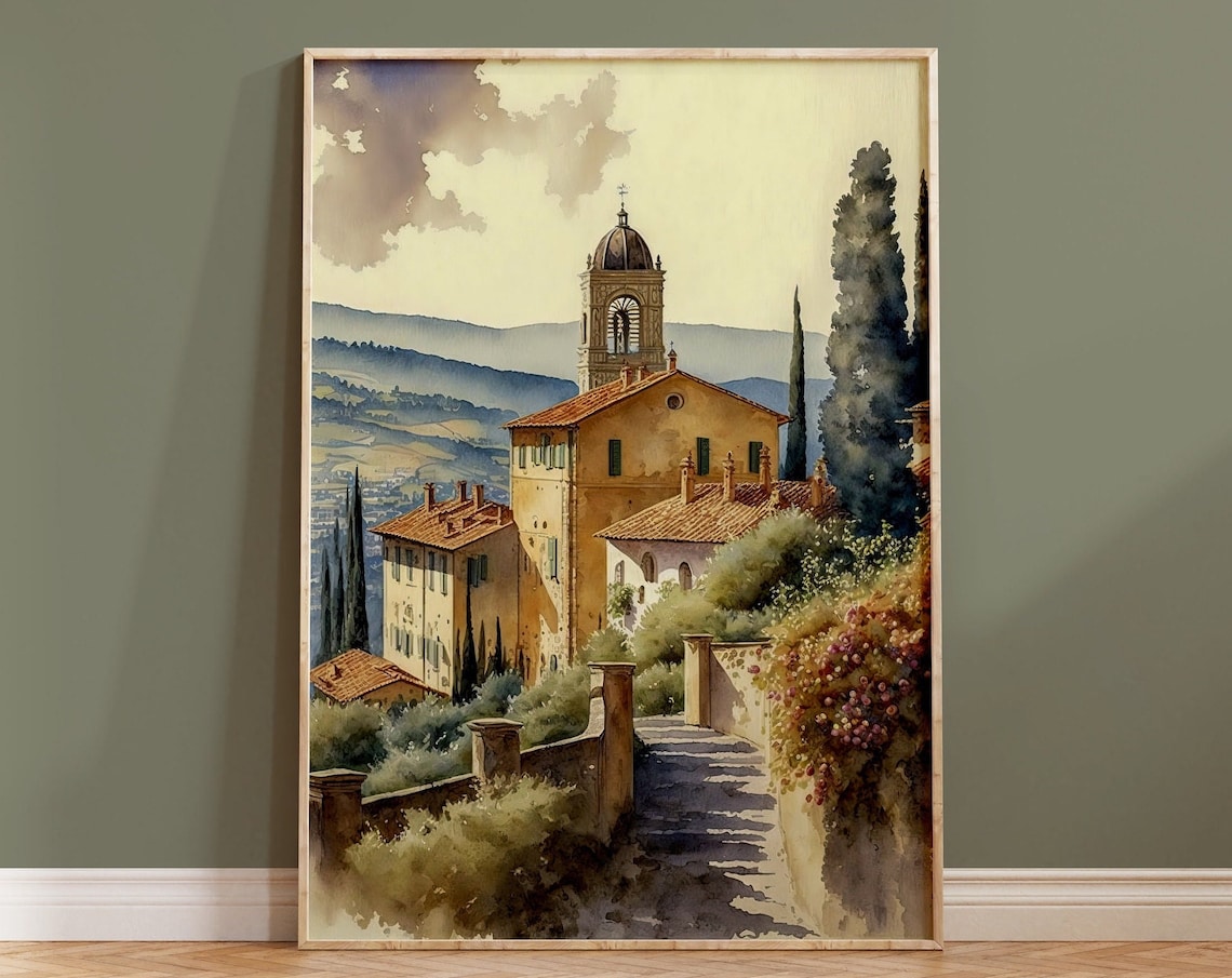 Tuscany Hilltop Village Church Cypress Watercolor Italy Art Print