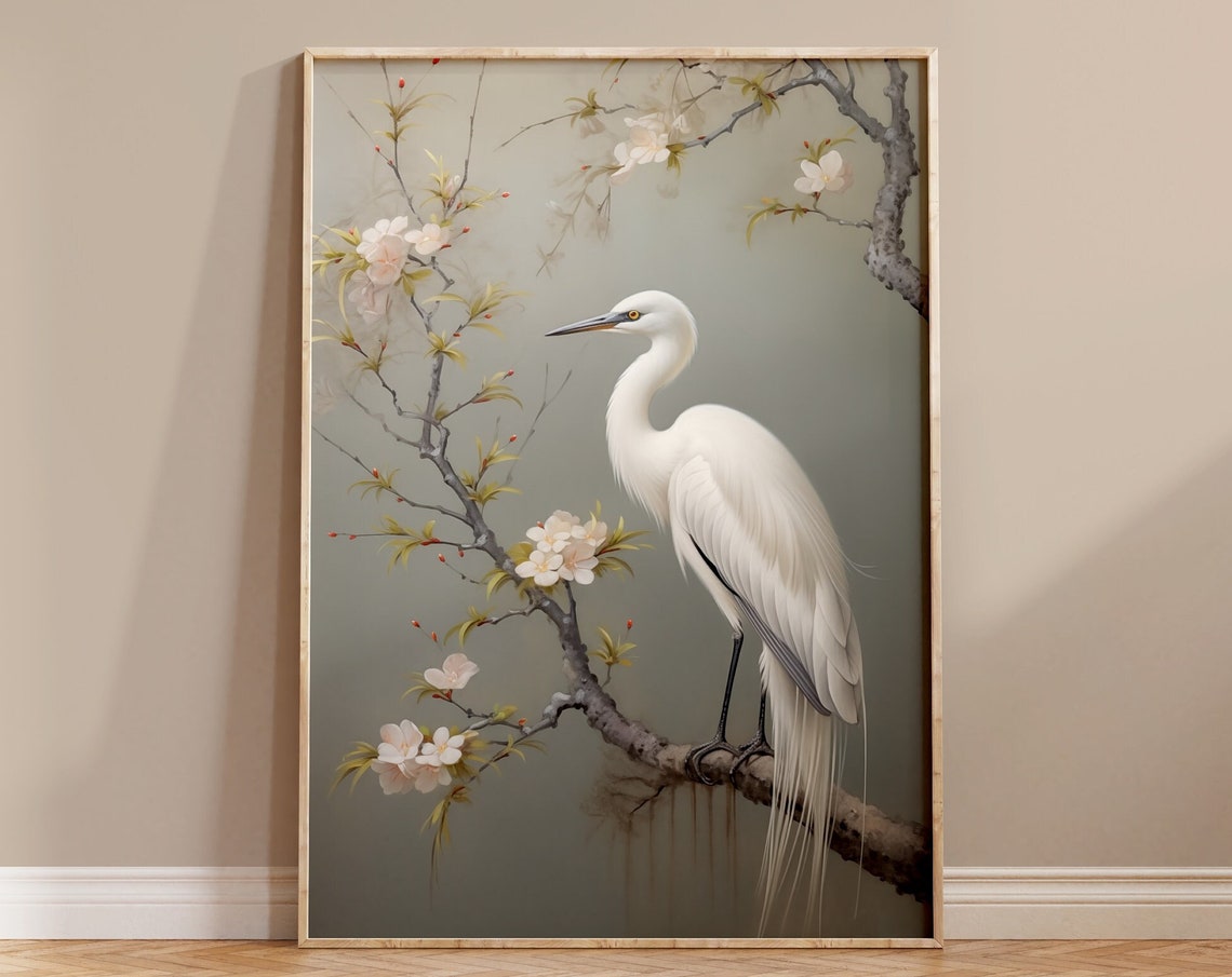 White Egret Blossom Branch Japanese Style Elegant Bird Art Poster