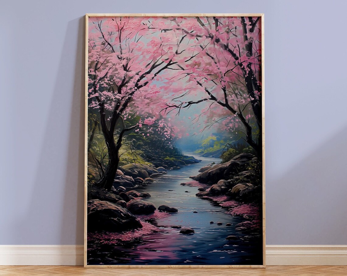 Cherry Blossom Trees Over Misty Rocky River Spring Scene Poster