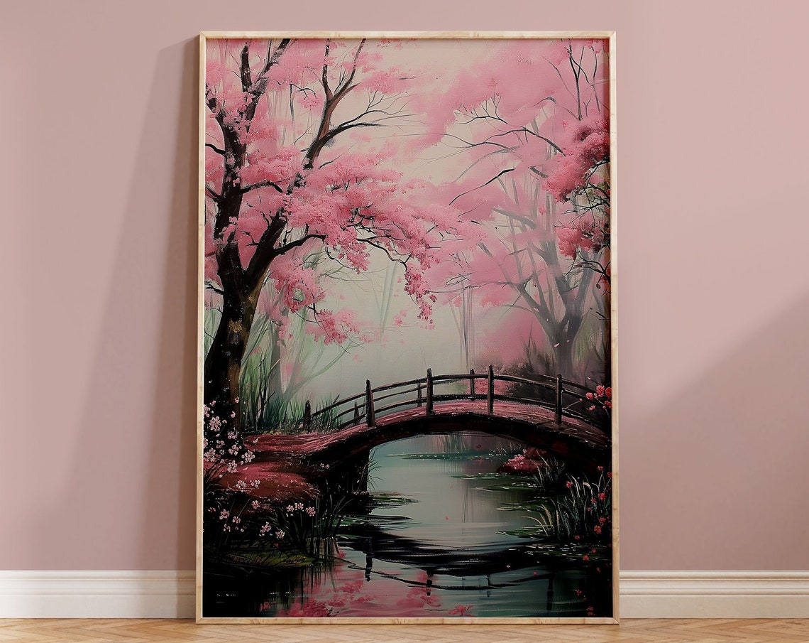 Pink Cherry Blossom Bridge Japanese Garden Pond Sakura Art Poster