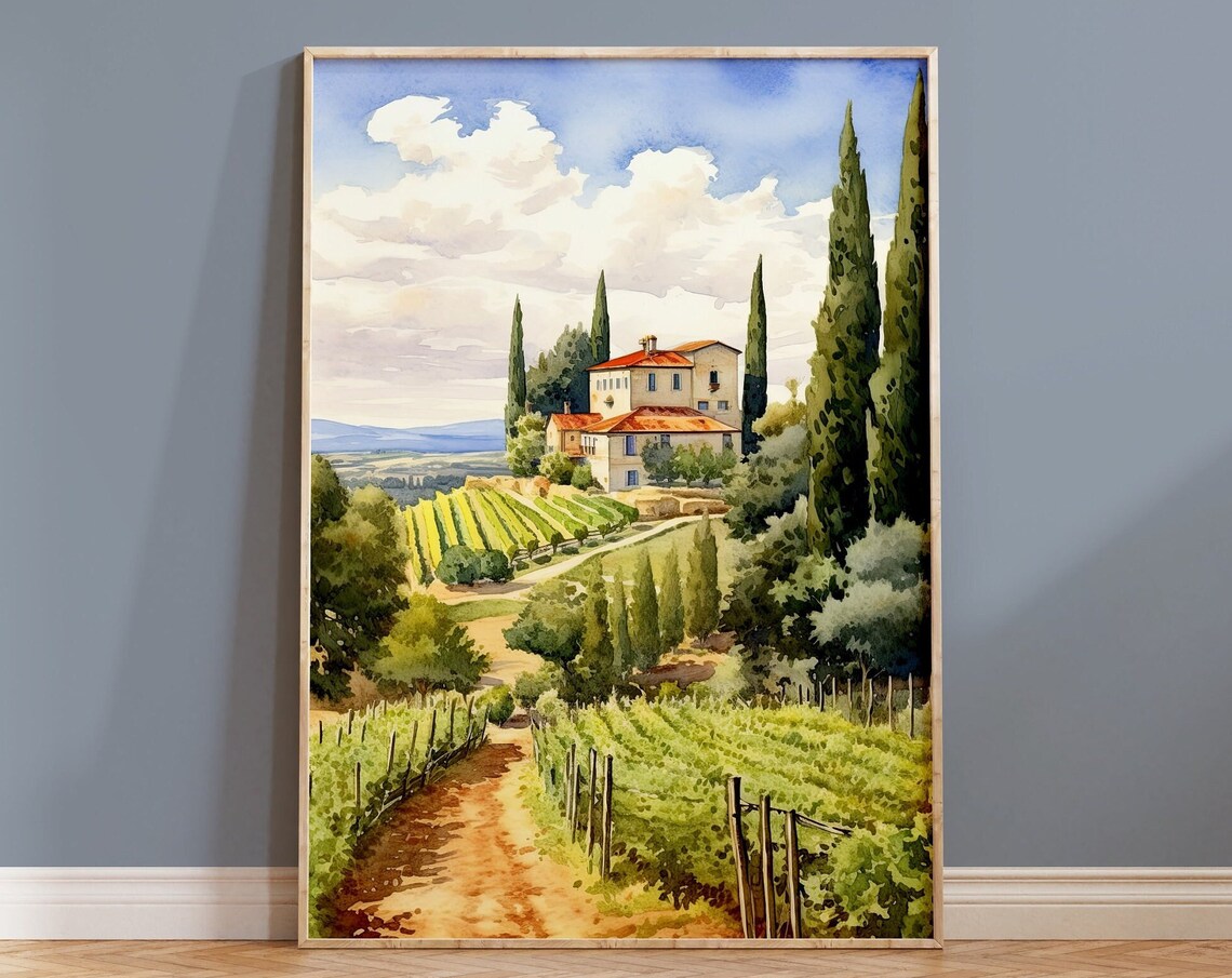 Italian Villa Vineyard Path Green Cypress Hills Watercolor Poster