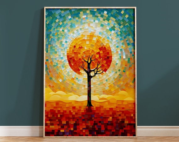 Tree Art Print Square Art Abstract Collage Mosaic Nature Wall Decor Colourful Kids Red Blue Acrylic Vibrant Landscape Simple Sunset Painting