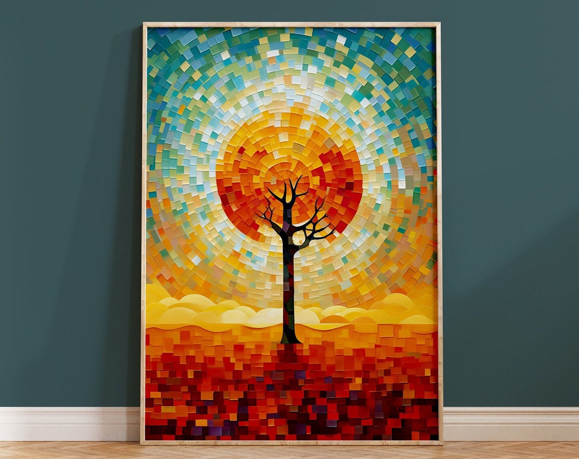 Bright Mosaic Sun Sunset Tree Abstract Colourful Sky Art Poster