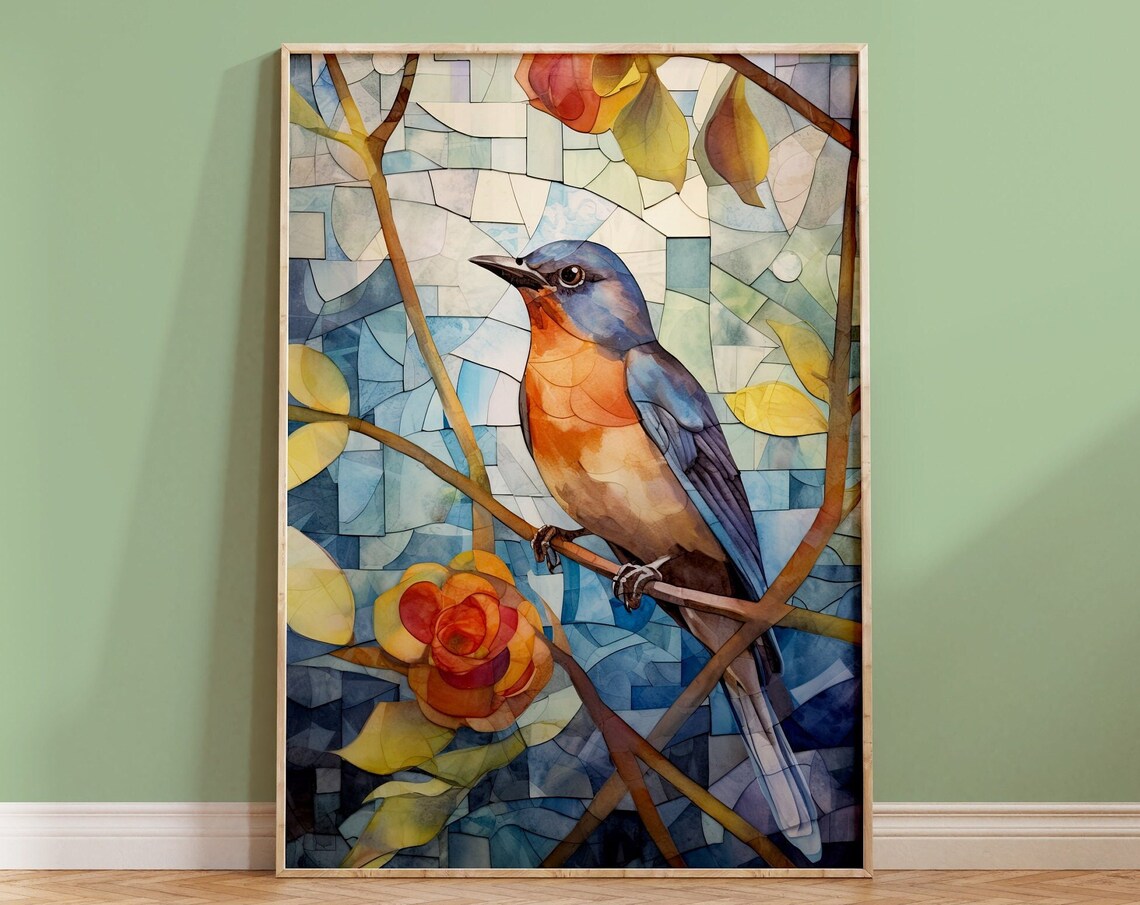 Bluebird Branch Stained Glass Mosaic Autumn Leaves Art Poster