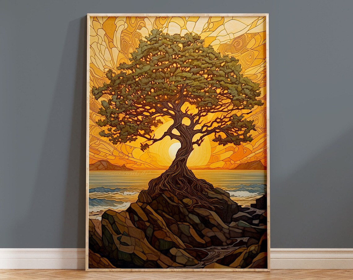 Art Nouveau Tree Golden Sunset Coastal Rocks Ocean View Poster