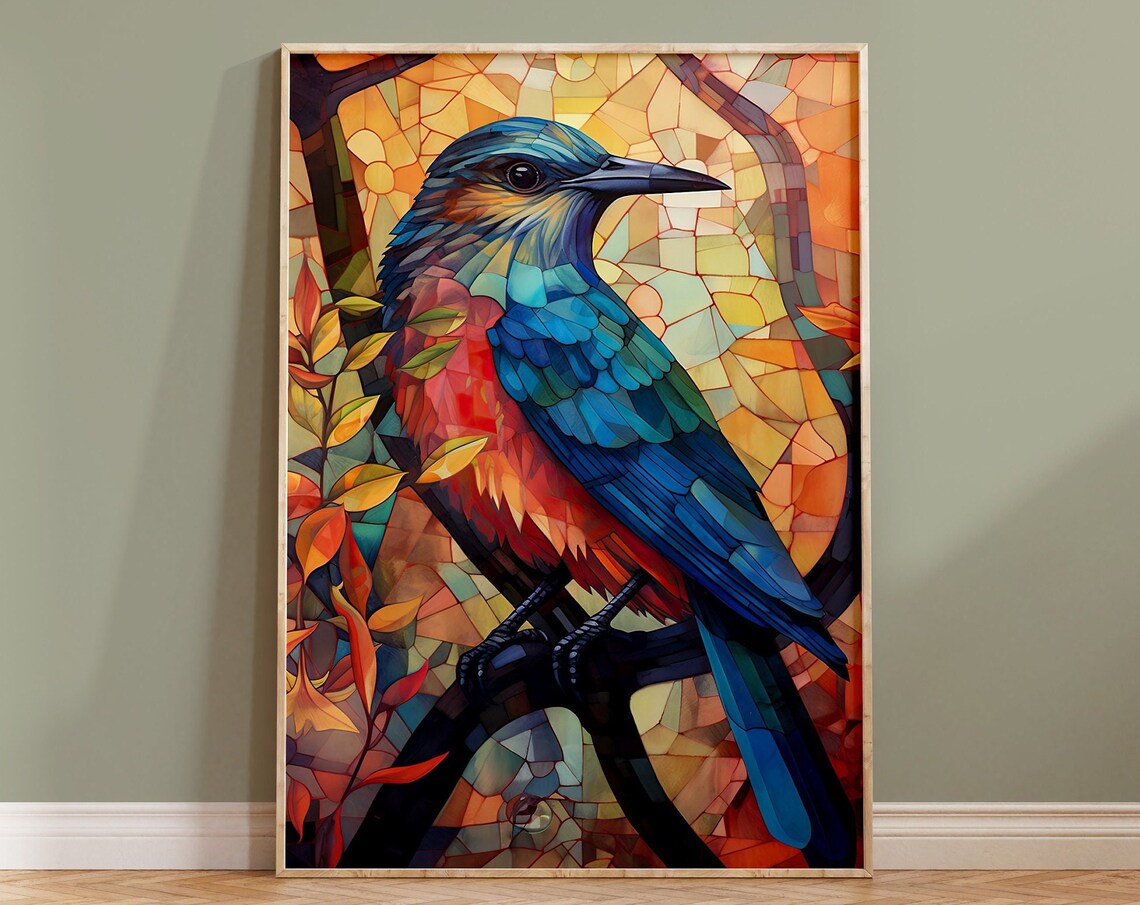 Blue Red Songbird Mosaic Stained Glass Autumn Leaves Art Poster