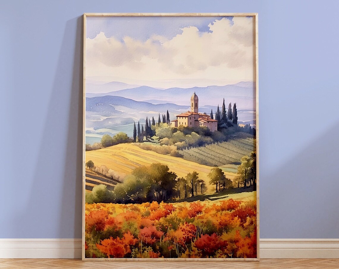 Tuscan Hilltop Village Church Tower Watercolor Italian Art Print