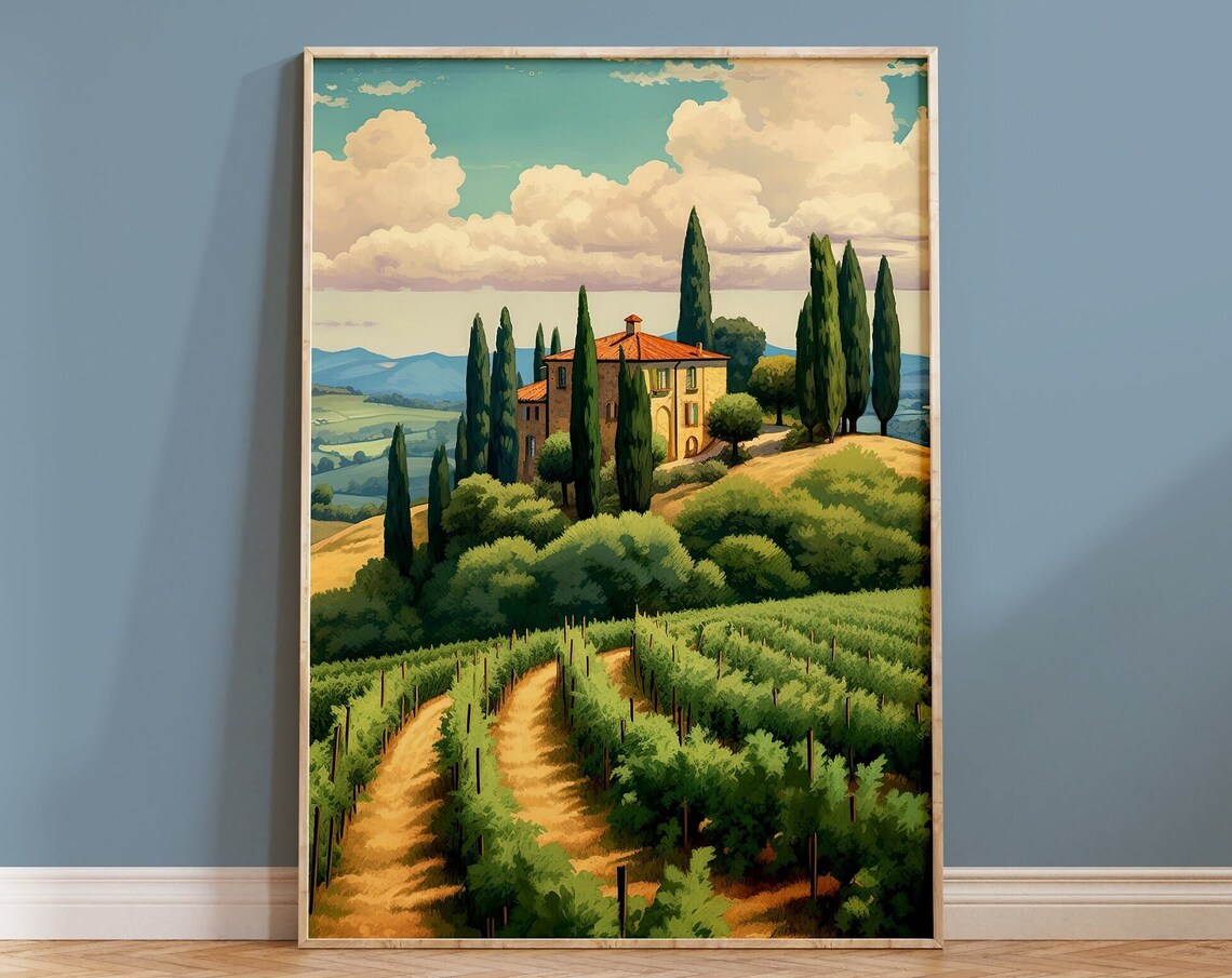 Tuscany Vineyard Villa Cypress Hills Italian Countryside Poster