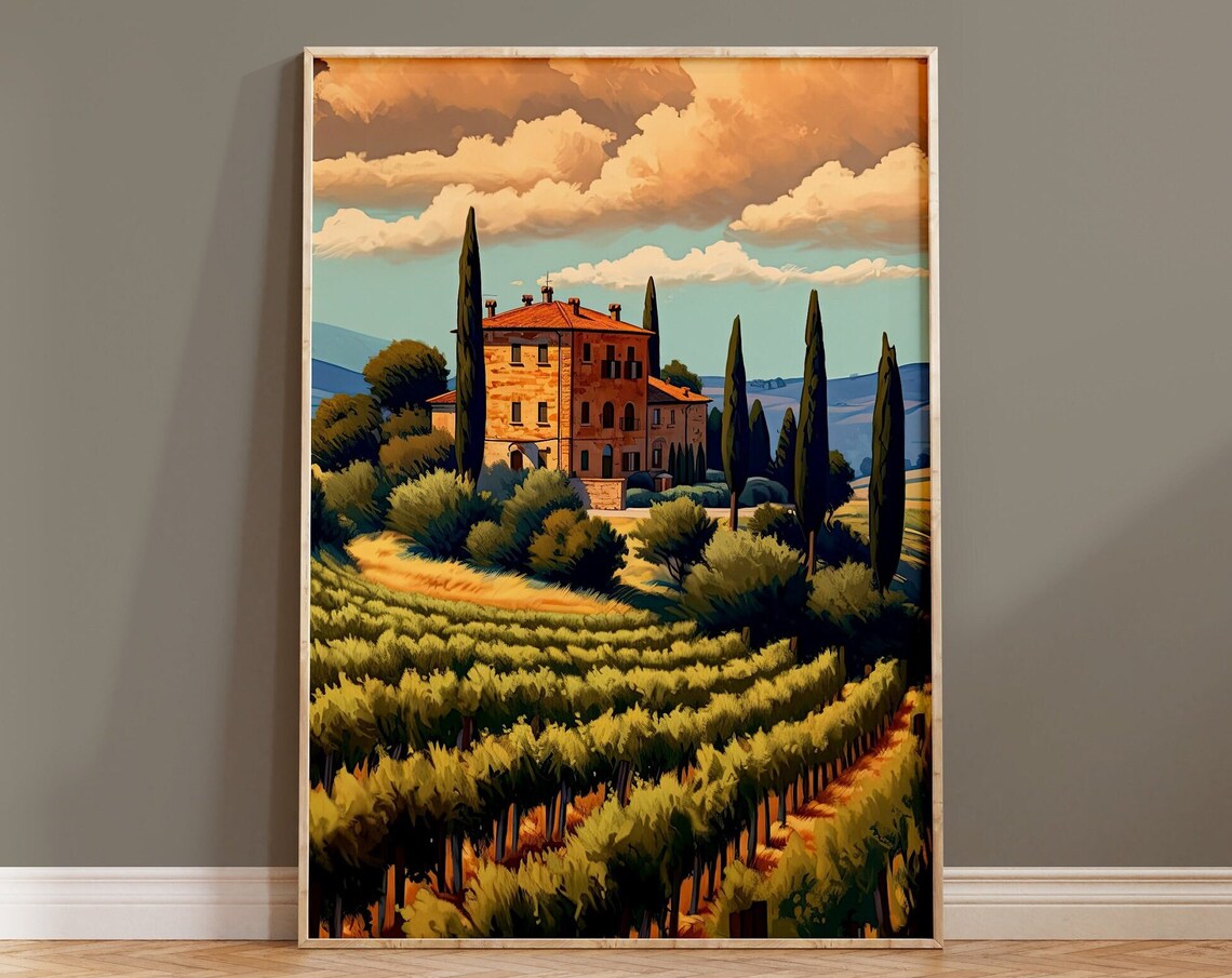 Tuscan Vineyard Villa Sunset Cypress Trees Golden Landscape Poster