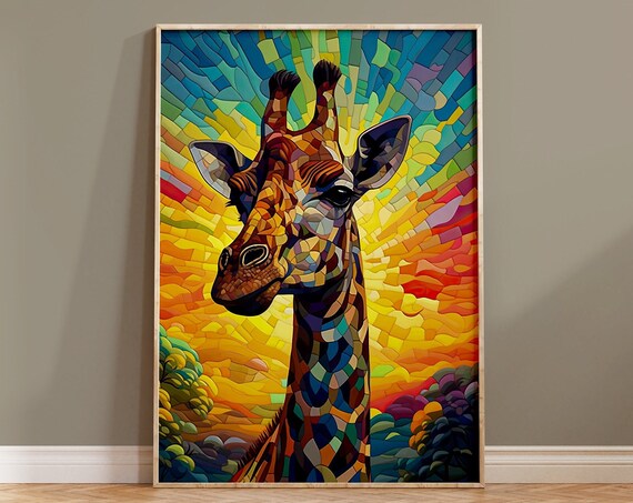 Colourful Giraffe Mosaic Stained Glass Rainbow Sunburst Poster