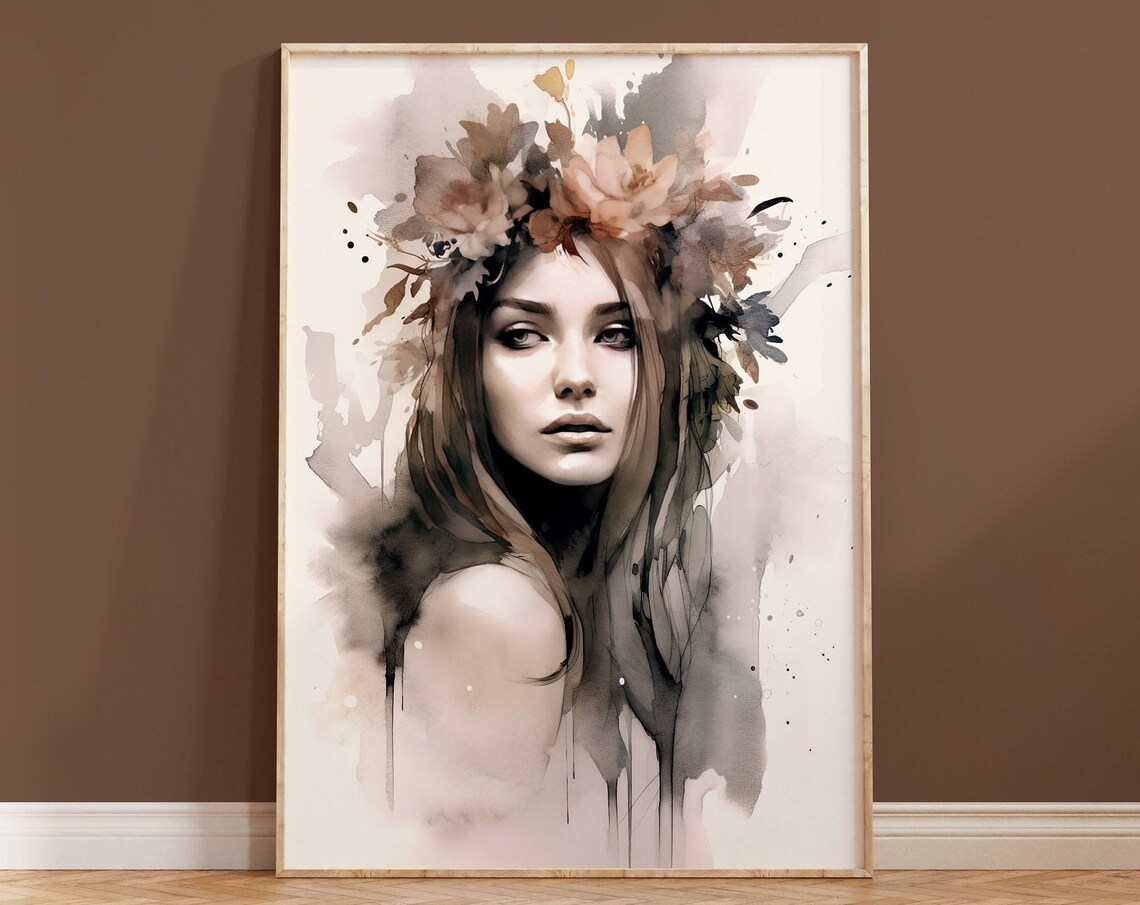 Watercolor Woman Floral Crown Portrait Elegant Neutral Boho Art Print