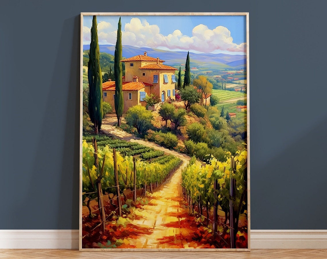 Tuscan Villa Cypress Trees Vineyard Row Italian Landscape Poster