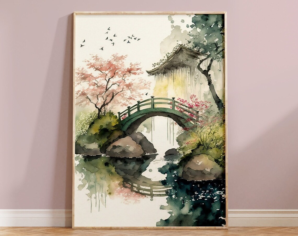 Japanese Garden Bridge Pagoda Cherry Blossom Watercolor Art Print