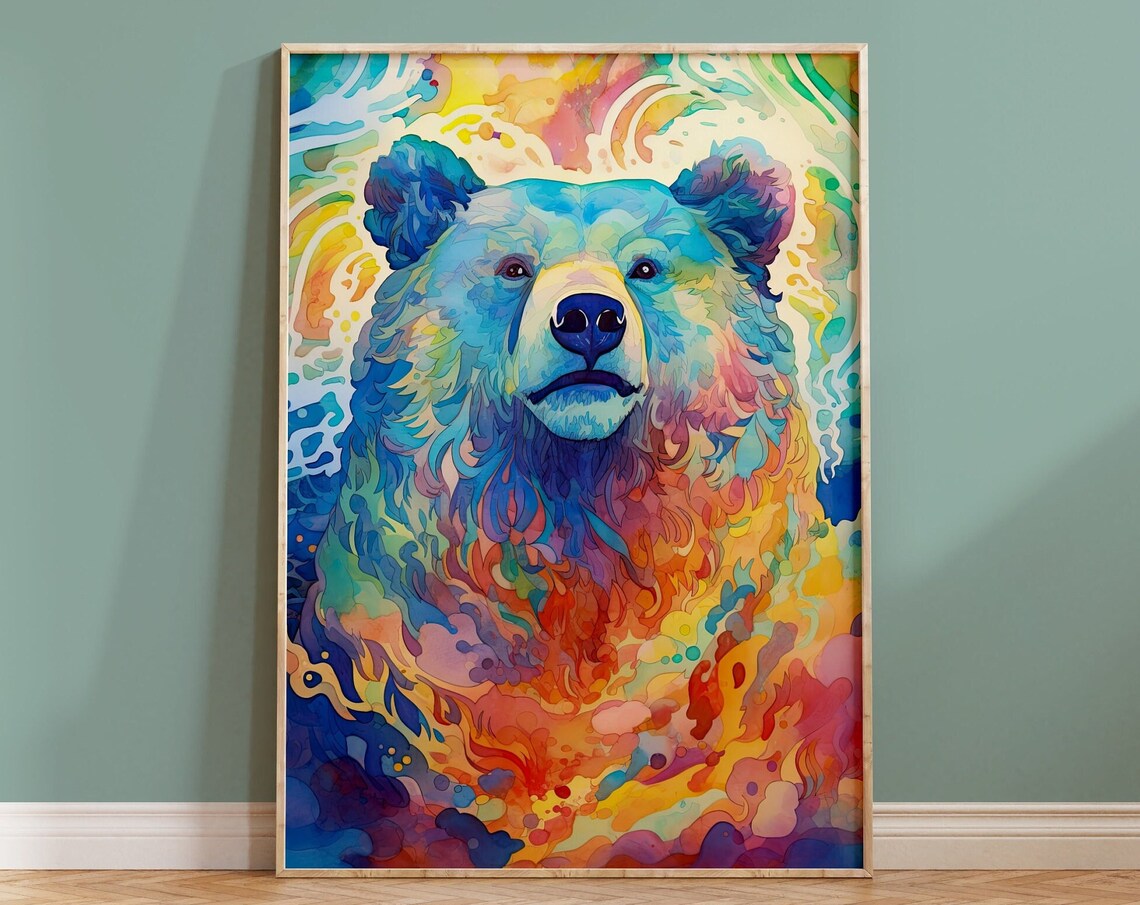 Rainbow Watercolor Bear Face Colorful Abstract Animal Poster