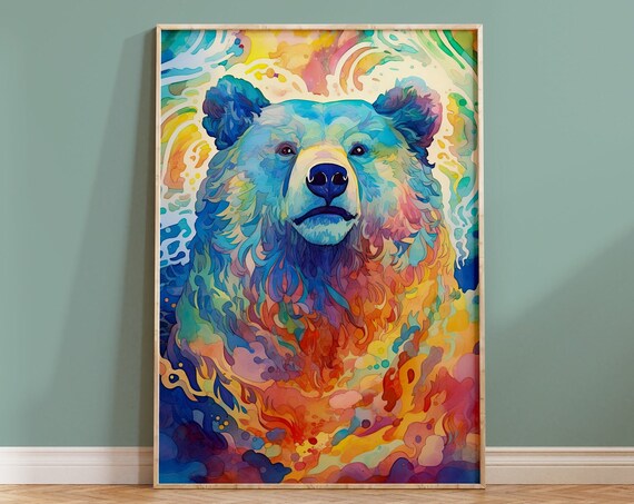 Rainbow Watercolor Bear Face Colorful Abstract Animal Poster