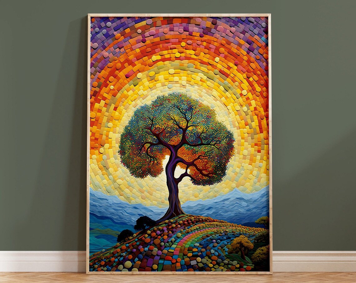 Mosaic Tree Rainbow Sun Halo Colorful Pointillism Art Poster