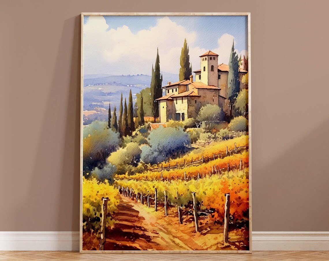 Tuscan Farmhouse Cypress Trees Golden Vineyard Watercolor Poster