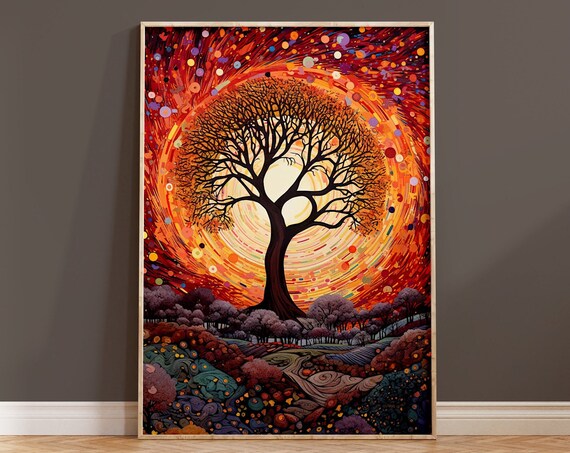 Red Sunset Tree of Life Mosaic Night Sky Vibrant Landscape Poster