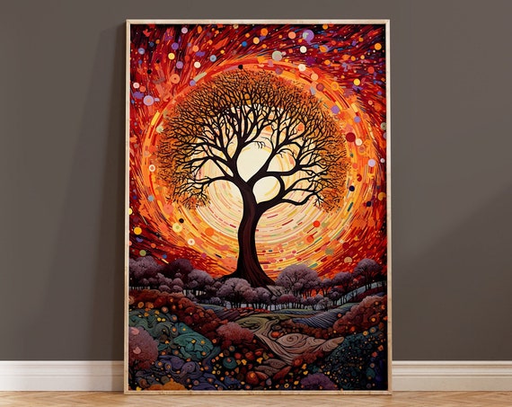 Red Wall Art Print Abstract Tree Collage Mosaic Nature Wall Decor Night Colourful Forest Woodland Leaves Vibrant Landscape Dark Gothic