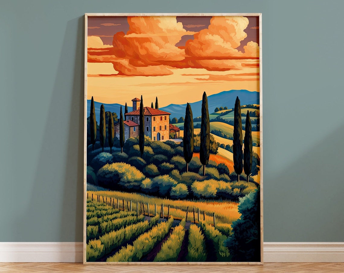 Tuscany Villa Sunset Cypress Trees Vineyard Evening Glow Poster