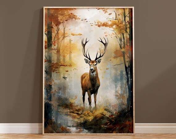 Red Deer Stag In Misty Autumn Forest Watercolor Wildlife Poster