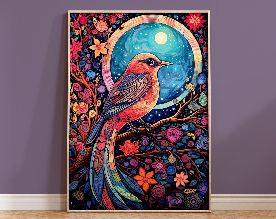 Red Bird Full Moon Floral Night Sky Stained Glass Art Poster