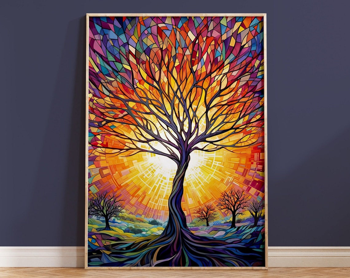 Fiery Tree Of Life Mosaic Sunset Stained Glass Nature Poster