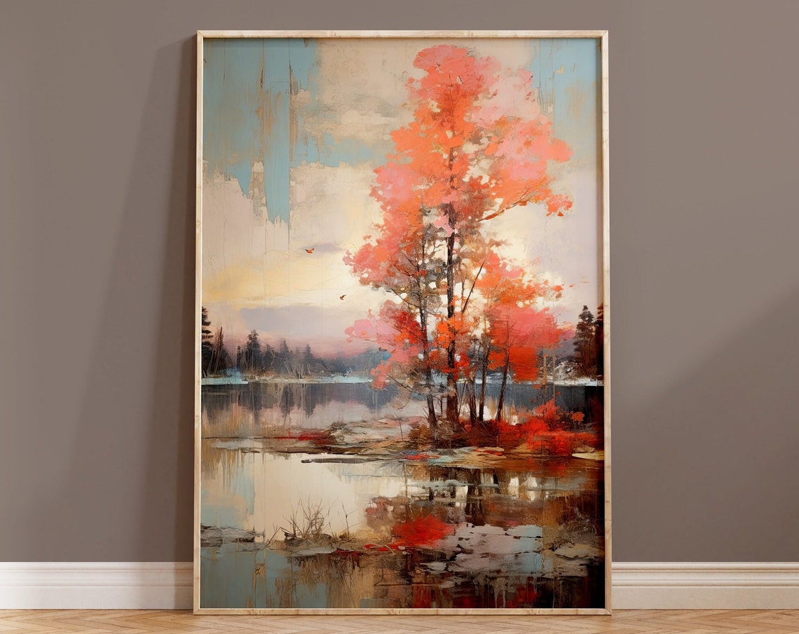 Coral Red Autumn Trees By Tranquil Lake Reflection Art Poster