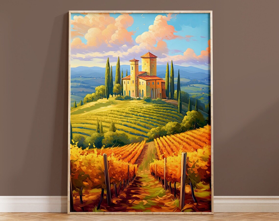 Tuscan Hilltop Villa Golden Vineyards Cypress Trees Art Print