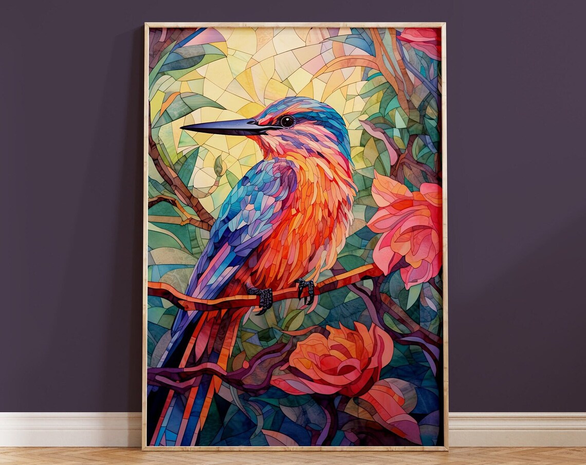 Colorful Kingfisher Bird Mosaic Stained Glass Style Art Poster