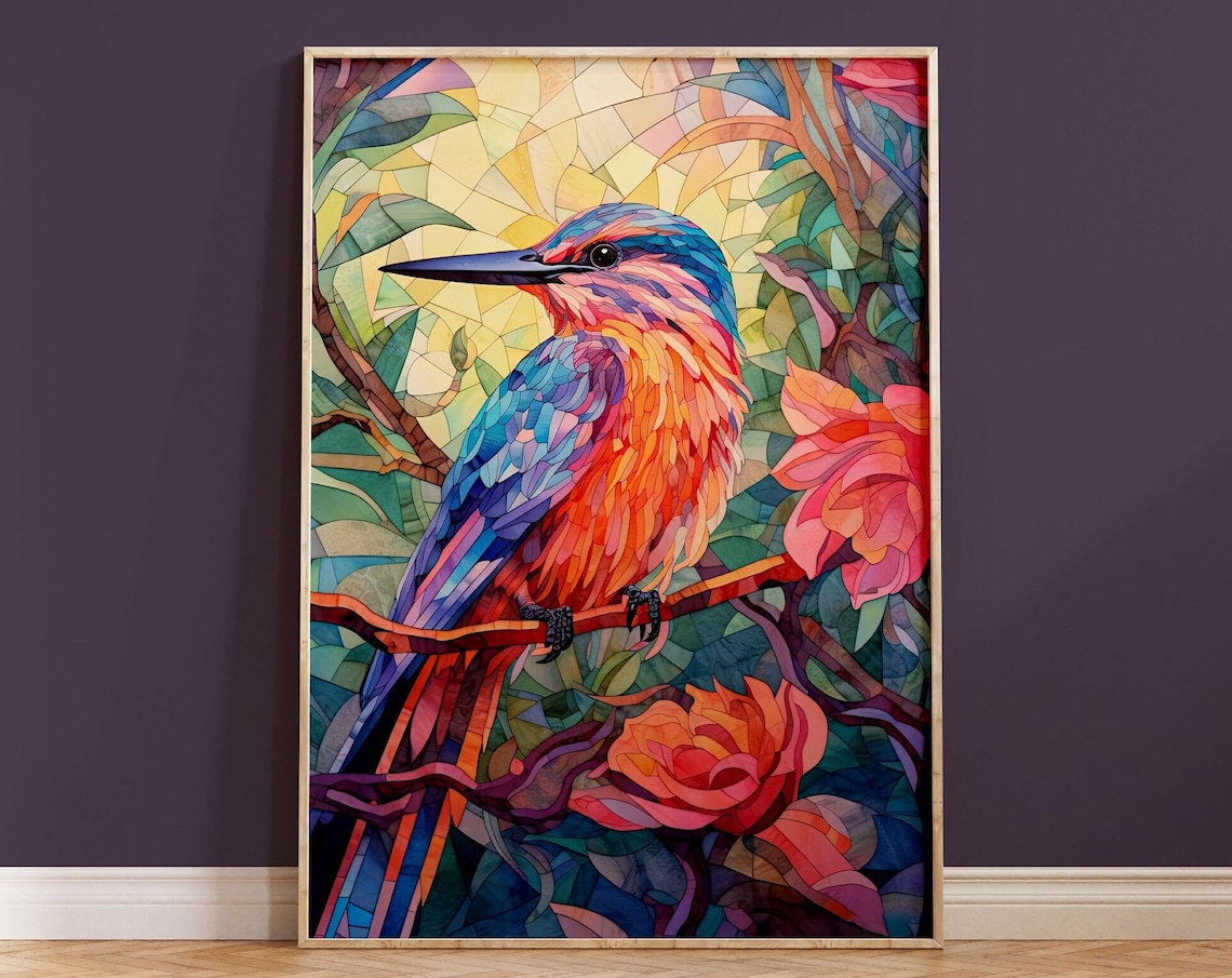 Stained Glass Kingfisher Colourful Bird Pink Flowers Art Poster