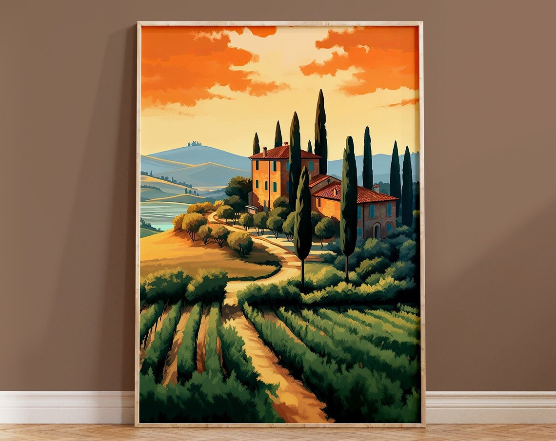 Tuscan Villa Sunset Vineyard Cypress Retro Italian Travel Poster