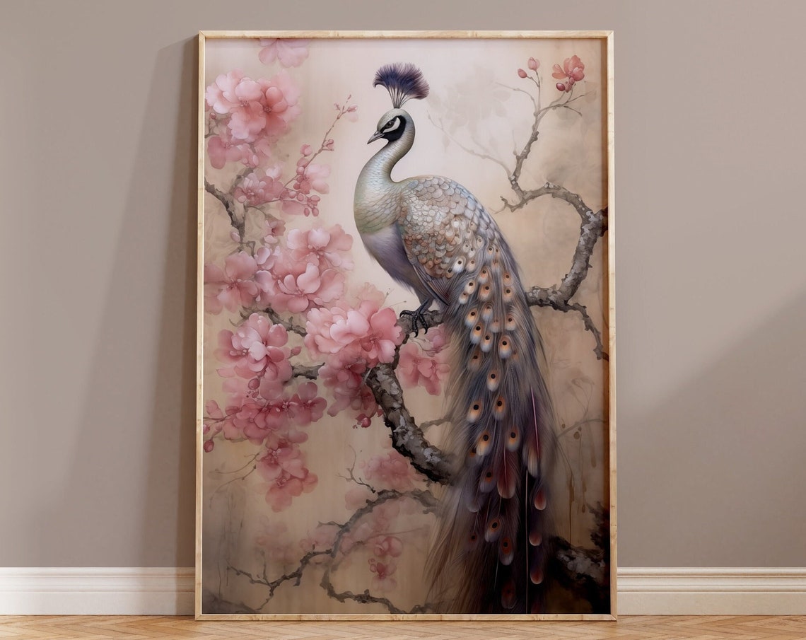 Elegant Peacock Pink Cherry Blossom Watercolour Bird Art Poster