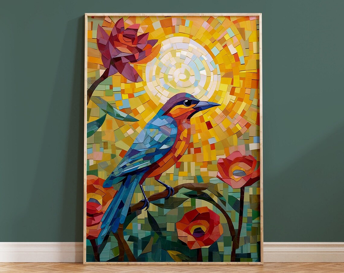 Blue Bird Red Flowers Mosaic Sun Garden Bird Art Wall Poster