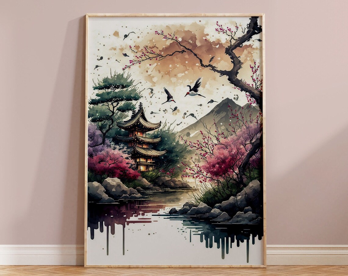 Japanese Pagoda Cherry Blossom Cranes Flying Over Water Poster