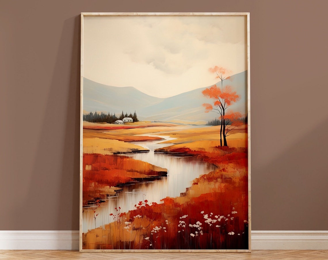 Autumn River Valley Orange Red Hills Rustic Cabin Landscape Poster